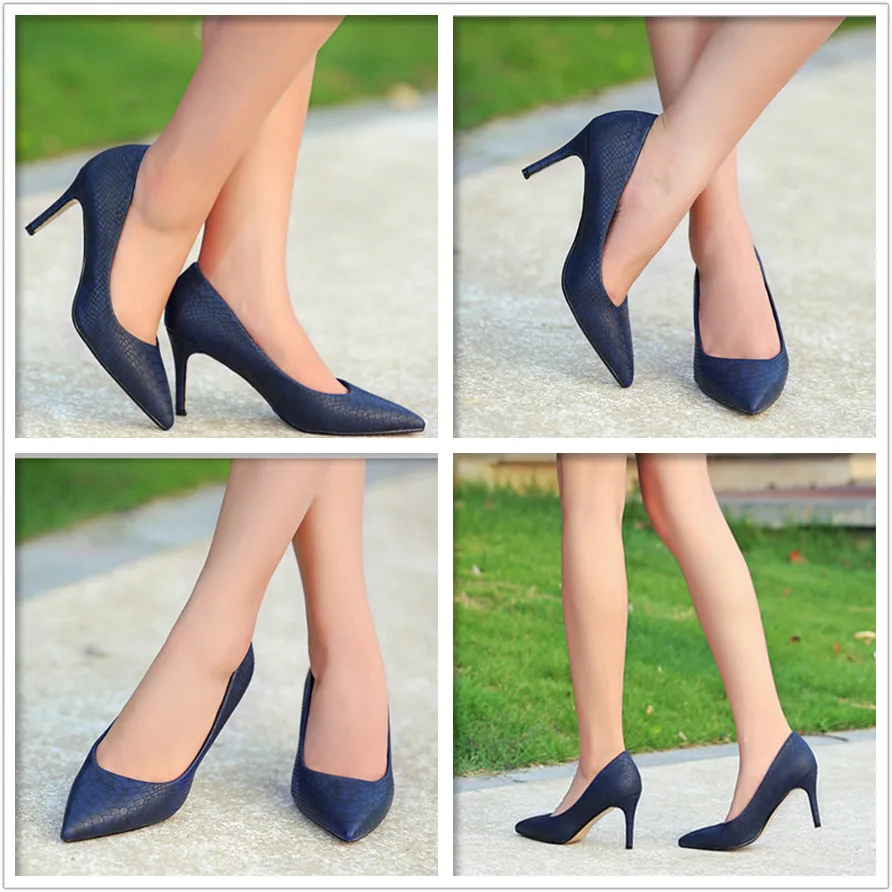 Women High Heels Leather Dress Pumps Shoe Ladies Pointed Toe Elegant Work Blue Pumps Genuine Leather,Blue,37 
