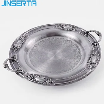 

JINSERTA Antique Metal Serving Tray Luxury Retro Round Dessert Fruit Cake Plate with Lid Home Restaurant Hotel Decorative Tray