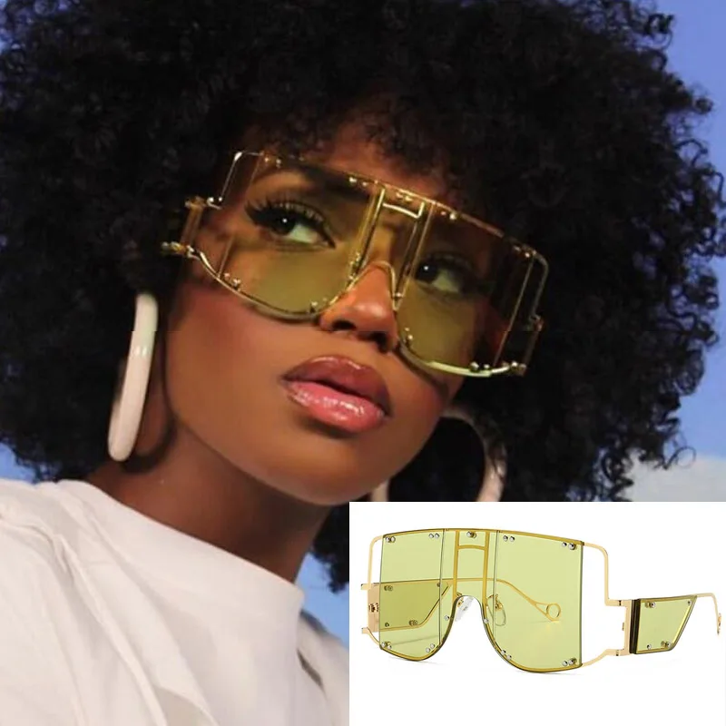 Уникальные женские роскошные большие солнцезащитные очки больших размеров женские квадратные цельные солнцезащитные очки мужские оттенки брендовые зеленые очки с заклепками для женщин - Цвет линз: gold green