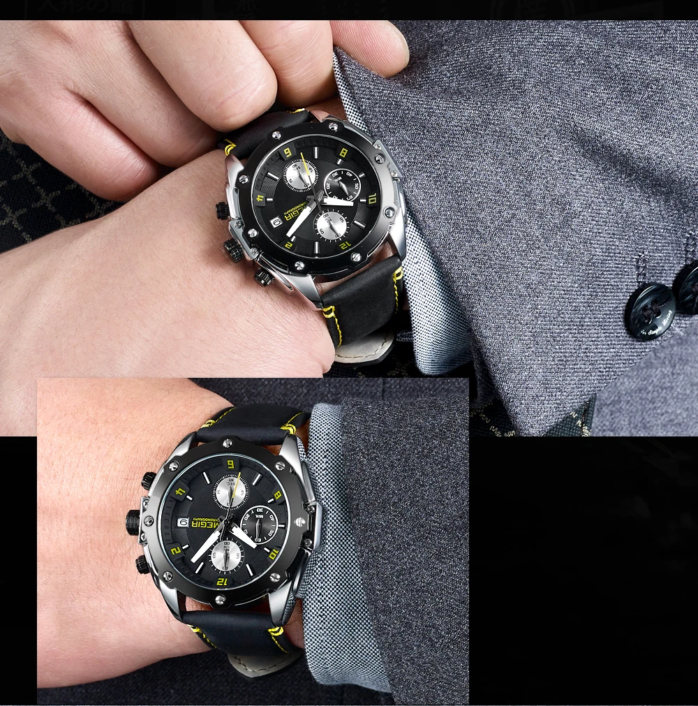 MEGIR хронограф мужские часы Relogio Masculino синие кожаные деловые кварцевые часы мужские креативные армейские военные наручные часы