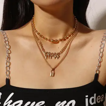

Gold Chain Padlock Necklace for Woman Gross Letter Choker Layered Necklace Gothic 2020 Jewerly Statement Beaded Chain Necklace
