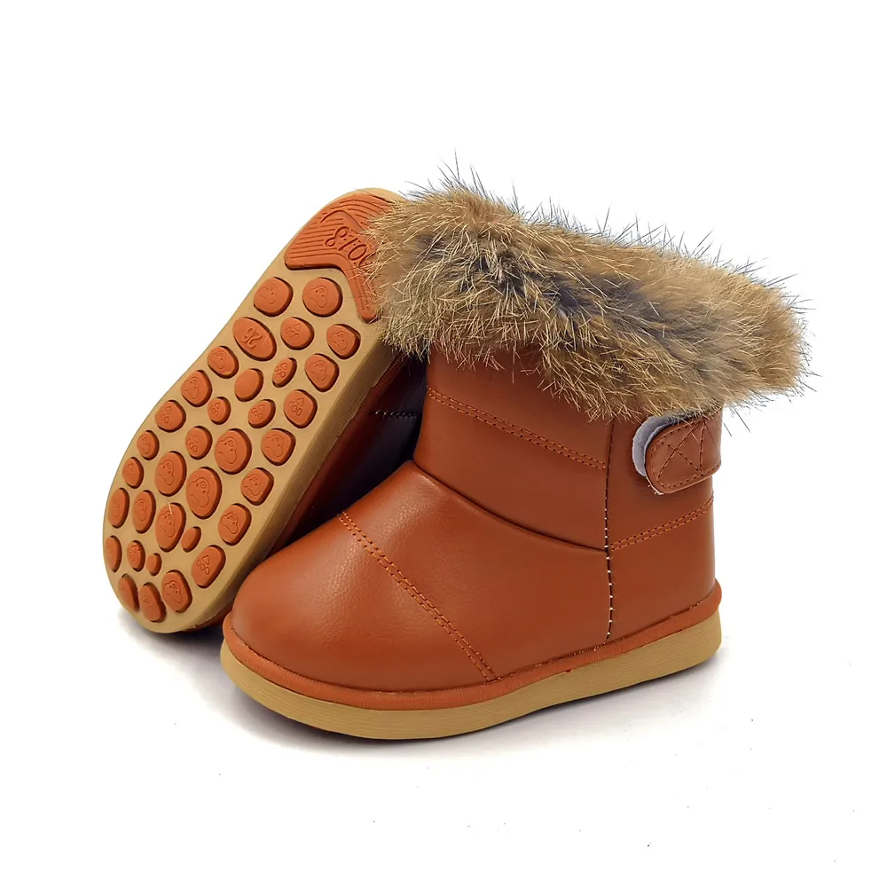 Зимние теплые плюшевые ботинки для маленьких девочек; обувь из искусственной кожи на плоской подошве; обувь для малышей; уличные зимние ботинки; обувь для маленьких девочек