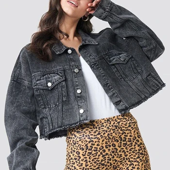 

Black Oversized Cropped Denim Jacket Women Boyfriend Moto Biker Jacket Vintage Washed Jeans Jackets Coat Hip Hop Streetwear