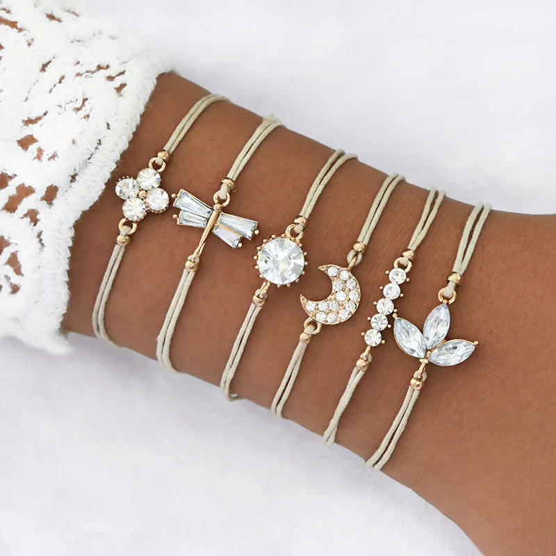 

6Pcs/Set Trendy Shining Big Gem Bracelet Moon Dragonfly Flower Geometric Fashion Handmade Rope Chain Bracelets Set Women Jewelry