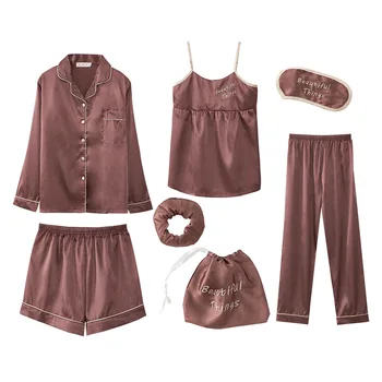 

Women Pajamas Sets Spring Summer 7 Pcs Set Silk Elegant 2020 Shorts Long Sleeve Top Elastic Waist Pants Full Lounge Sleepwear