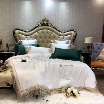 

New Luxury Lace Embroidery Silk Satin Egyptian Cotton Duvet Cover Bed Linen Fitted Sheet Pillowcases White Pink Blue Bedding Set