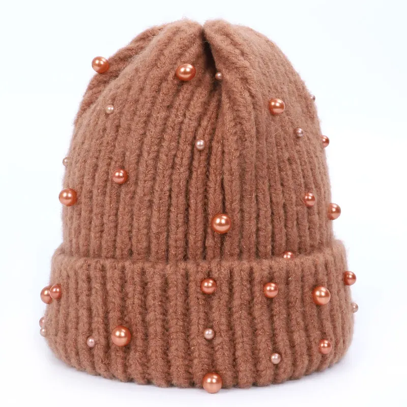 Дамская жемчужина зимняя вязаная шапка с помпонами из натурального меха модная женская уличная теплая хлопковая шапка с помпонами из енота - Цвет: Light Orange-2