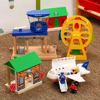 

Ferris Wheel Cargo Ship Air Plain Wooden Train Track Railway Accessories Educational Slot DIY Original Toy Gifts For Kids