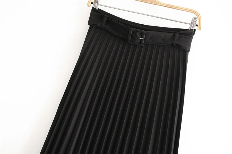 Solid Pleated Loose Skirt Sashes Mid Calf Skirts Womens High Waist Vintage Faldas Spring Autumn Pure High Quality Jupe Femme