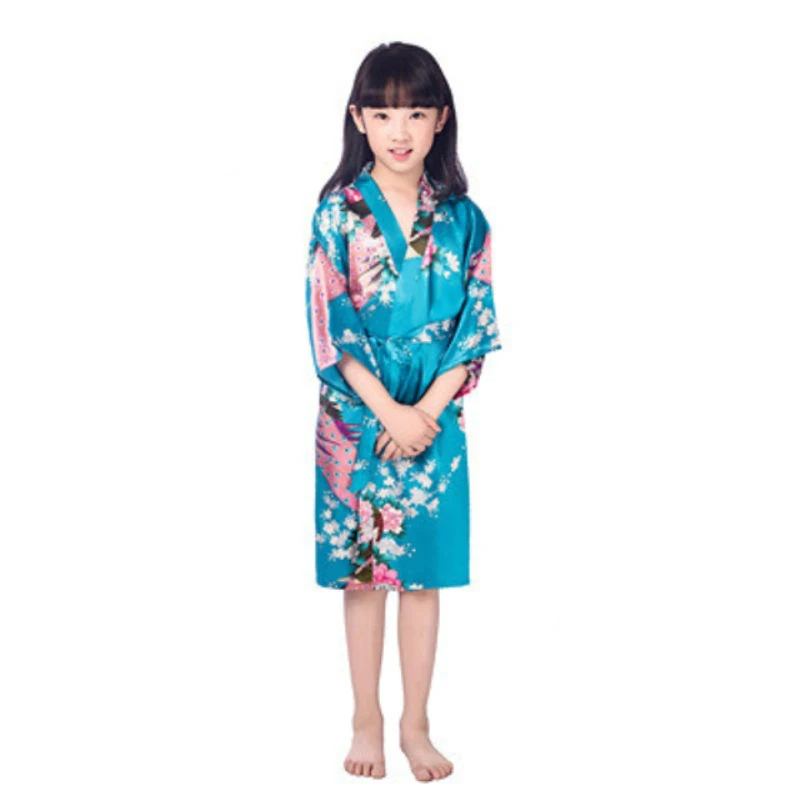 Child's Satin Kimono Robes for Girls Sleepwear Peacock Flower Robe for Spa Wedding Birthday Gift L274