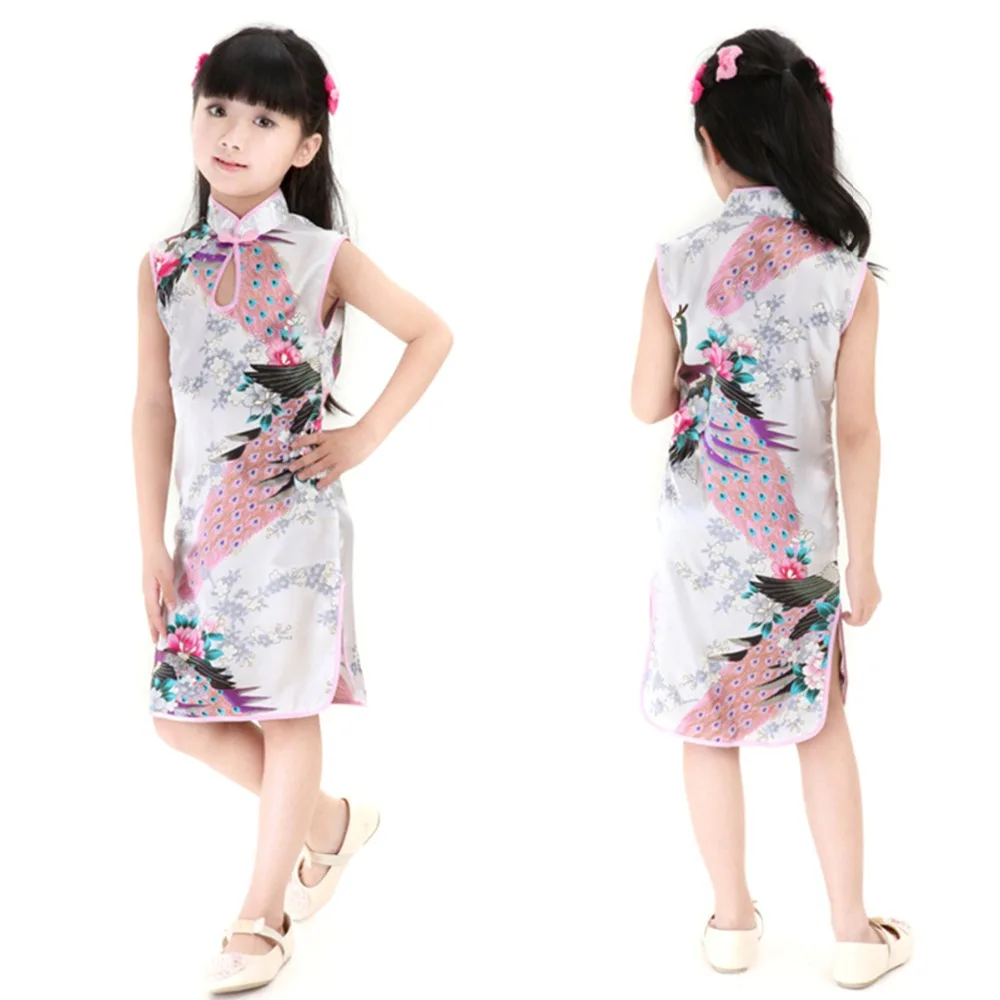 2Y-8Y Baby Girl Dress Peacock Sleeveless Slim Traditional Dress Cheongsam Girls Clothes Chinese Style Qipao baby chinese dress