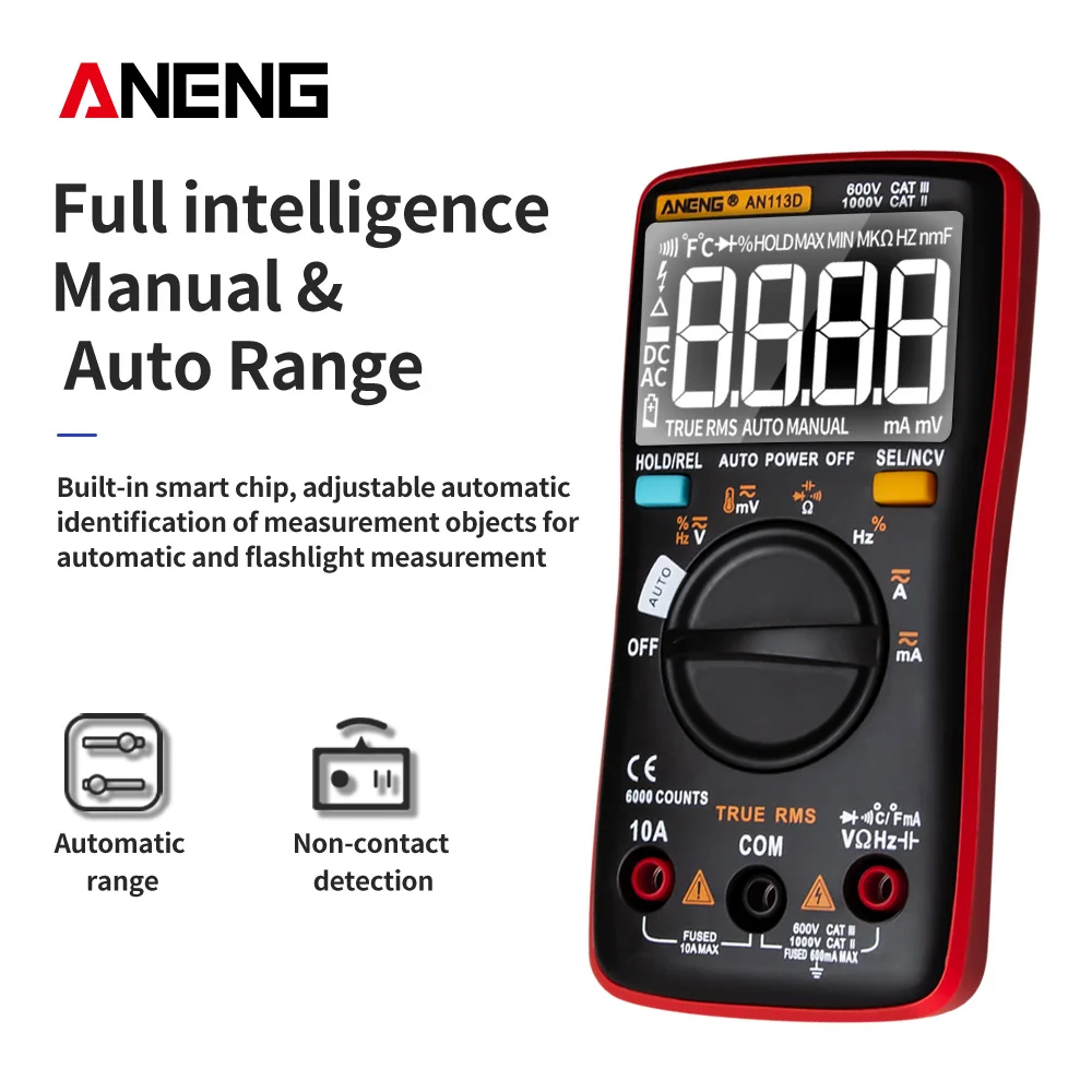 ANENG AN113D Digital Multimeter 6000 counts electrical meter transistor tester Auto Rang AC/DC voltage process calibrator