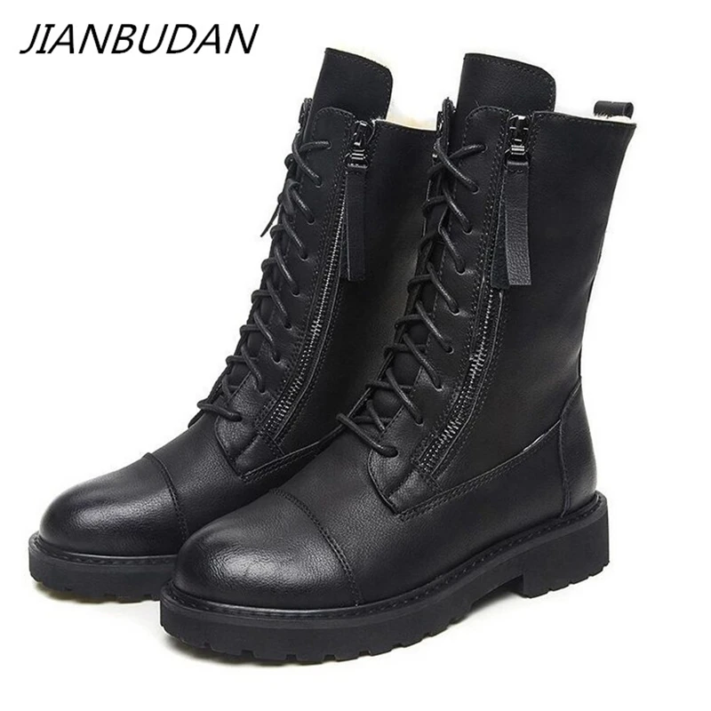US $24.50 Jianbudan Plush Warm Motorcycle Boots Fashion Leather Womens Short Boots Winter Plush Waterproof Womens Snow Boots 3541