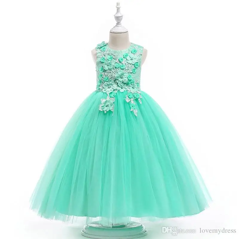 

Mint Green Girls Pageant Dresses Ball Gown Flower Girls Dresses 2020 Lace 3D Flowers Kids Toddler First Communion Dress