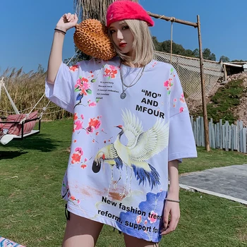 

Hip Hop T Shirt Women 2020 Streetwear Japanese Great Wave Tshirt Harajuku Crane Print Summer Short Sleeve T-Shirt Cotton Tees