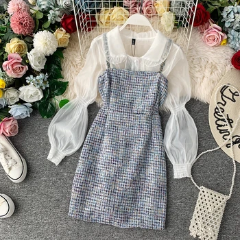 

2020 summer new two pieces women dresses sets lace see through blouse and knitted dresses lady elegant dresses suits top quality