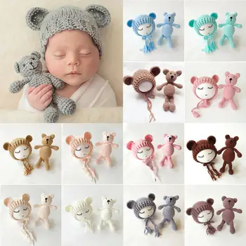 

2020 New Knit Beanie Cap+ Bear Toy Newborn Baby Toddler infant Bear Photo Prop Photography Baby Knitted Cap