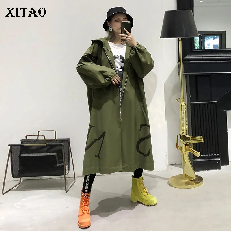 

XITAO Plus Size Letter Print Tide Trench Pocket Drawstring Women Clothes 2019 Fashion Match All Long Korean Coat Top GCC1606