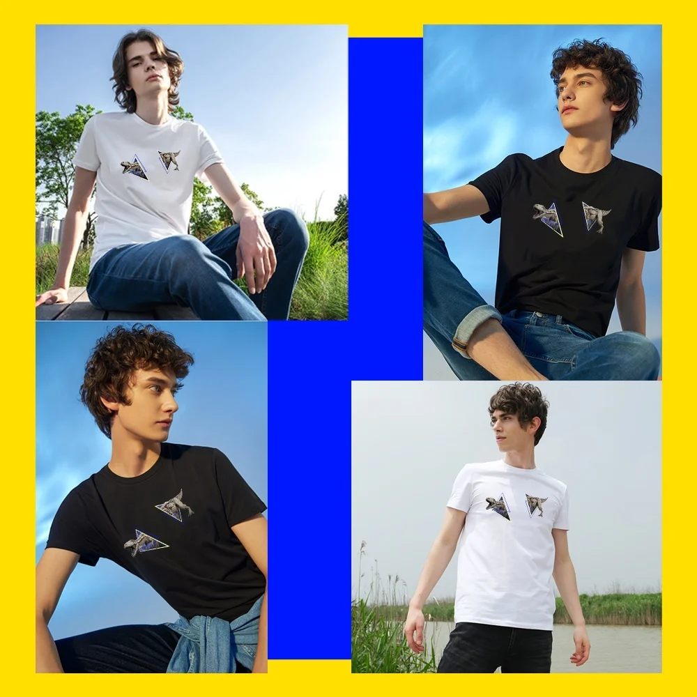 

2020 New Time and space through the dinosaurs Tees Men Summer Casual Cotton T-shirt For Men O-neck Leisure Clothing White Black