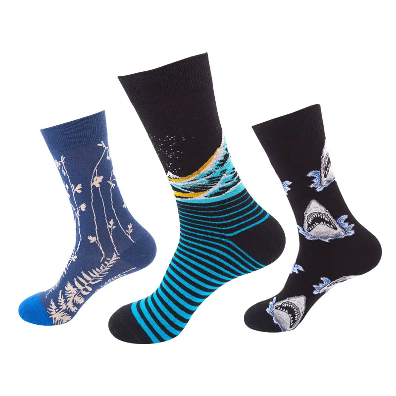 3 пар/лот, модные свадебные носки унисекс из чесаного хлопка для влюбленных пар, носки для мужчин и женщин, Разноцветные носки с забавными животными, рыбами и птицами