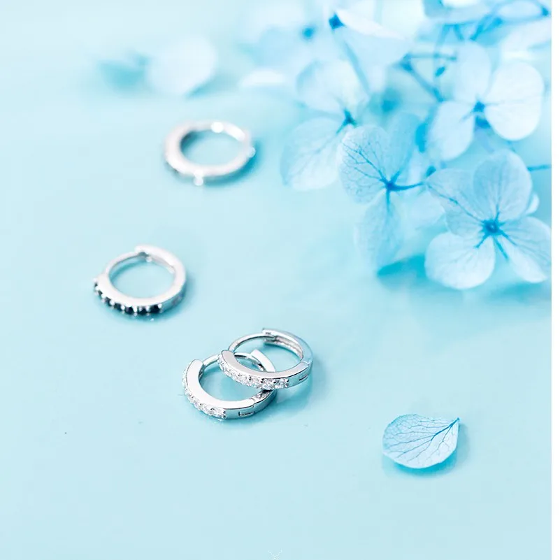 

Fashion Mens 100% 925 Sterling Silver Black Cubic Zircon Round Circle Ear Ring Earing CZ Huggie Hoops Earrings for Women Jewelry