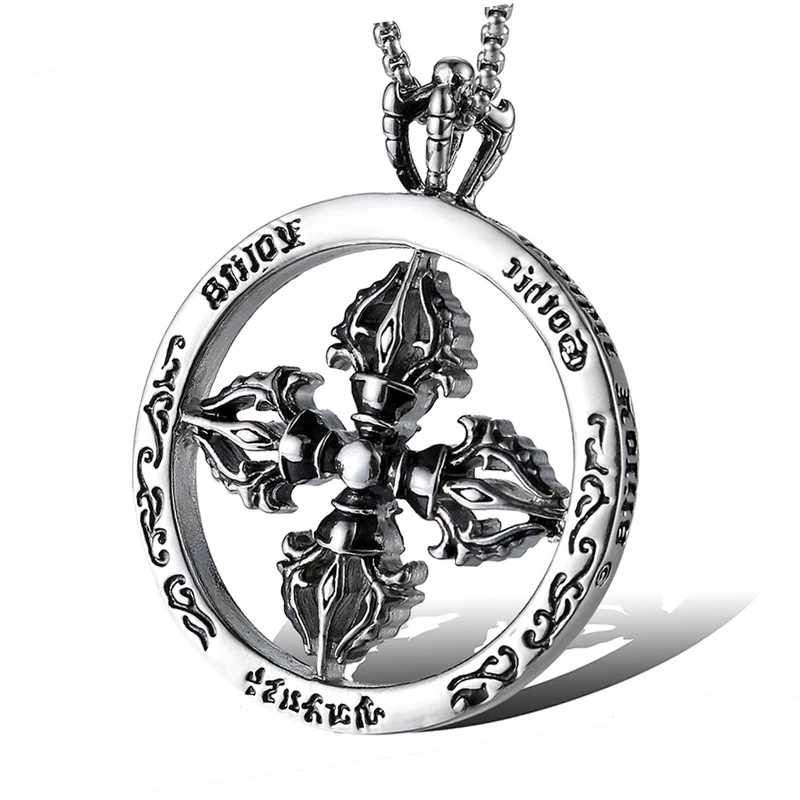 Olowu Gothic Anium Steel Circle Cross Pendant Necklace For Men Circle Cross Pendant Necklace