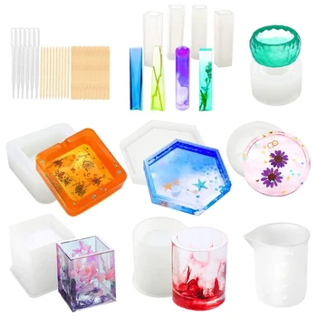 

41Pcs DIY Coaster Cup Pen Soap Candle Holder Ashtray Flower Pot Resin Molds Kit X4YD