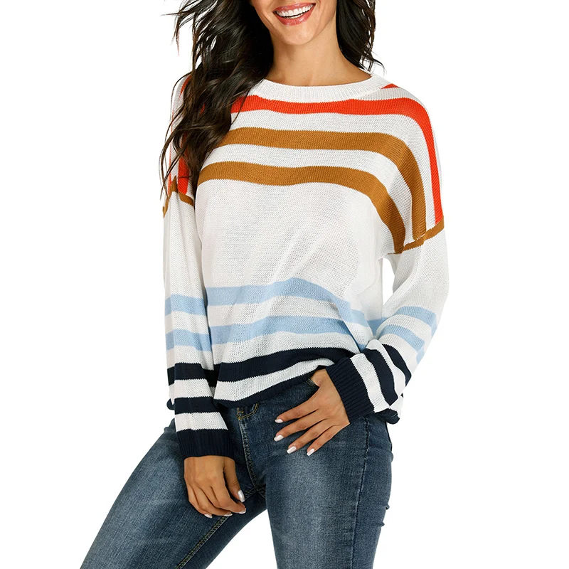 

Striped Sweater Women New Contrast Casual Pullovers Long Sleeve Round Neck Loose Wild Knit Top Sweater