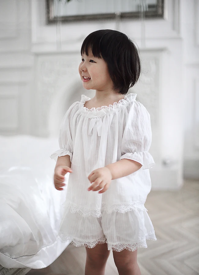 Summer Girl Cotton Ruffle Tops+Shorts Bow Pajama Set.Vintage Toddler Kid Lace Pyjamas Set.Victorian Children Sleepwear Nightwear pajama sets affordable	