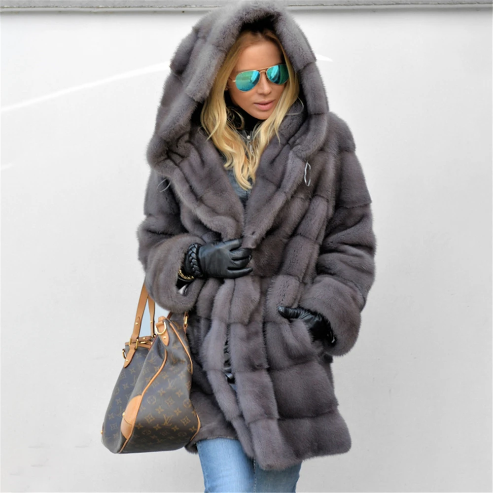 Milyfuer новое зимнее пальто из настоящего меха Капор из норки пальто с меховой пояс плюс Размеры модные натуральный мех тонкий Keepwarm пальто - Цвет: MC102