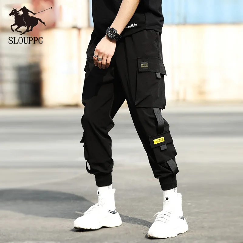 

2019 Hip Hop Streetwear Men's black Jogging Pants Men's Side Bag Sports Pants Ribbons Casual Elastic Waist Harem Pants Men