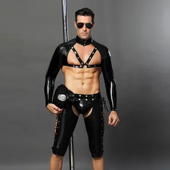 

Cool Men's Gay Bar Performance Wear Black Nightclub Sexy Underwear Uniform Temptation Police Clothes