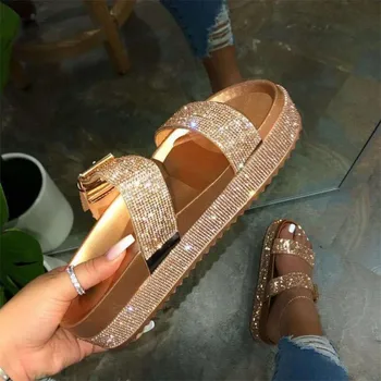 

Summer 2020 women double-layer rhinestone buckle sandals outside wild beach slippers ladies leisure home travel flip flop