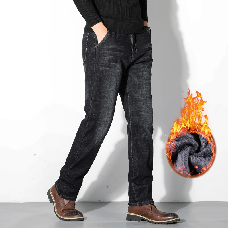 60% OFF 29-46 Men's business casual Thicken Winter Men's Plus Velvet Padded jeans Trousers Slim Large Size Warm Pants Solid black jeans