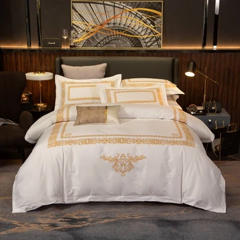 

Luxury Chic Gold Embroidered Duvet Cover Set Premium Hotel White Egyptian Cotton Soft Bedding Bed Sheet set Queen King size 4Pcs