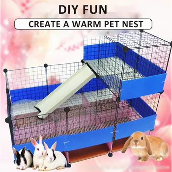 

Rabbit Cage Guinea Pig House Accessories DIY Iron Fence Playpen for Squirrel Ferret Small Pet Indoor Cat Basket with Litter Box