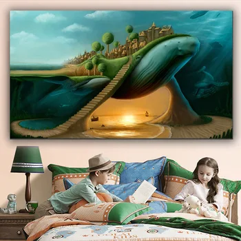 

Hotselling Abstract Surrealism Whale And Castle Printed on Canvas Wall Art Picture Living Room Kid's Home Poster Cudros Decor
