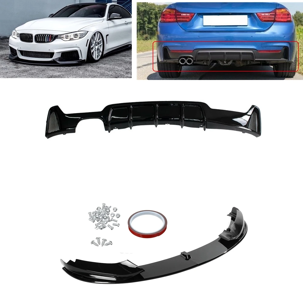 

For BMW F32 F33 F36 4 Series M Sport 2014-2020 Gloss Black/Carbon Fiber Look Car Front Bumper Spoiler Splitter+Rear Diffuser Lip