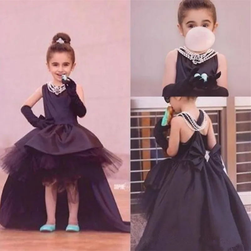 574Black Toddler Pageant Dresses High Low Girl's Formal Party Gowns Jewel Neck Sleeveless Short Front Long Back Flowergirl Dresses for Wedding