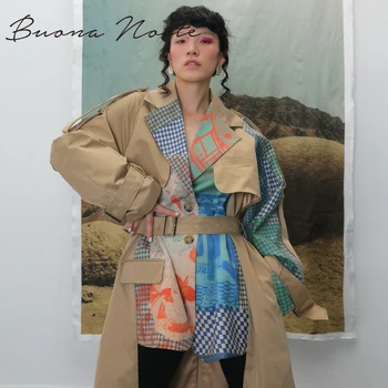 

2020 new autumn winter turn-down collar full sleeves printed waist belts spliced big size windbreaker female jacket