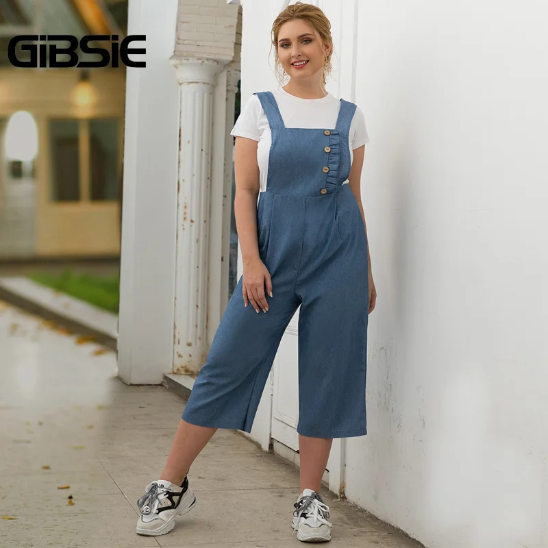 Синий GIBSIE весенне-летний винтажный комбинезон на пуговицах с широкими штанинами для женщин, большие размеры, повседневные женские однотонные джинсовые комбинезоны с высокой талией - Цвет: Синий