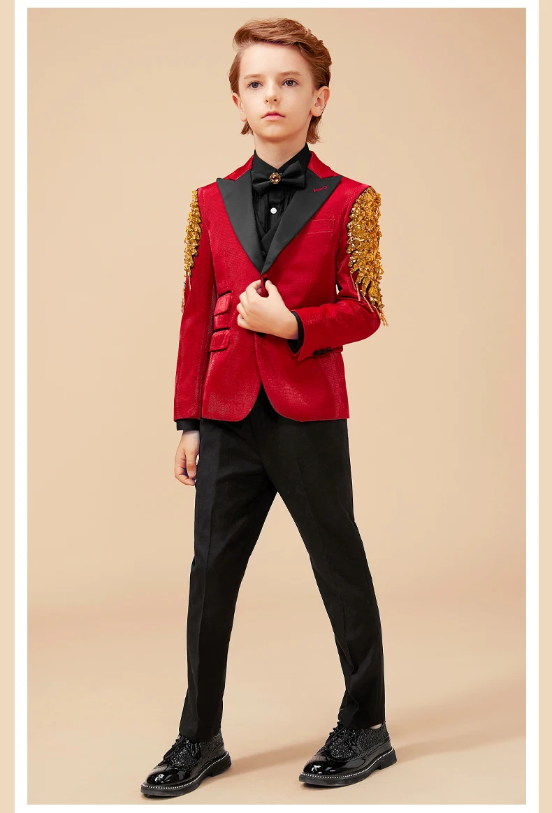 Официальный Детский костюм для мальчиков, красный/Золотой костюм для маленьких мальчиков, Детские блейзеры, костюм для мальчиков на свадьбу, платье для выпускного, куртка, Terno Infantil