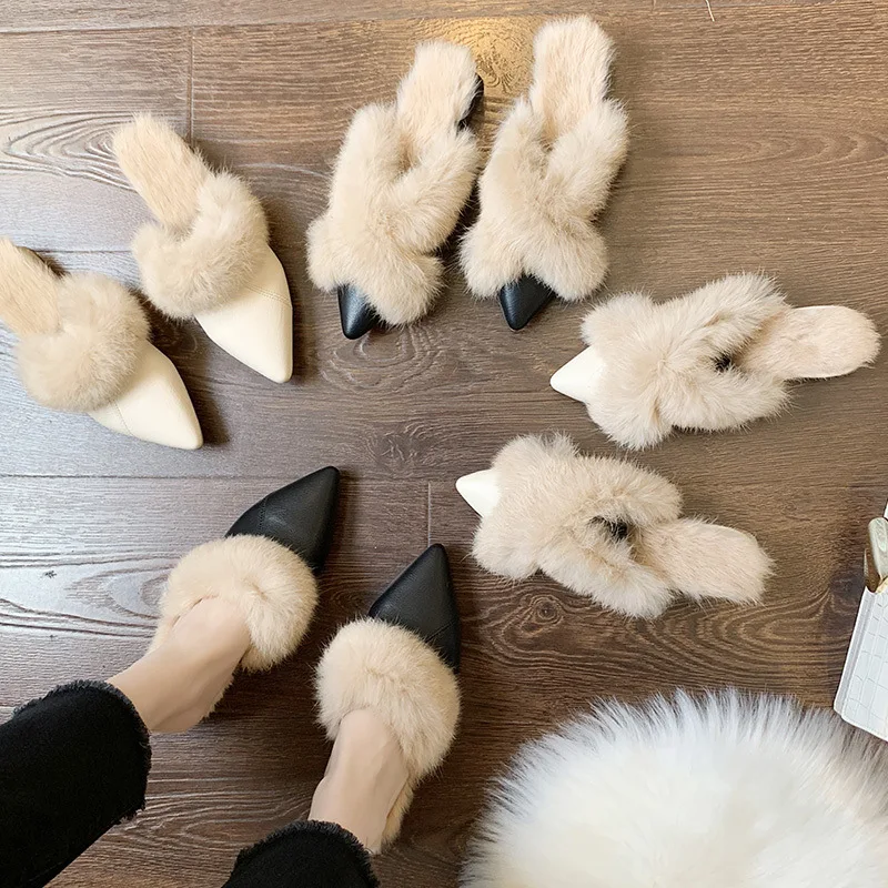 

Rabbit Fur Closed-toe Semi-SLIPPER Women's Outer Wear 2019 Autumn & Winter New Style Online Celebrity Versitile Fashion Flat Plu