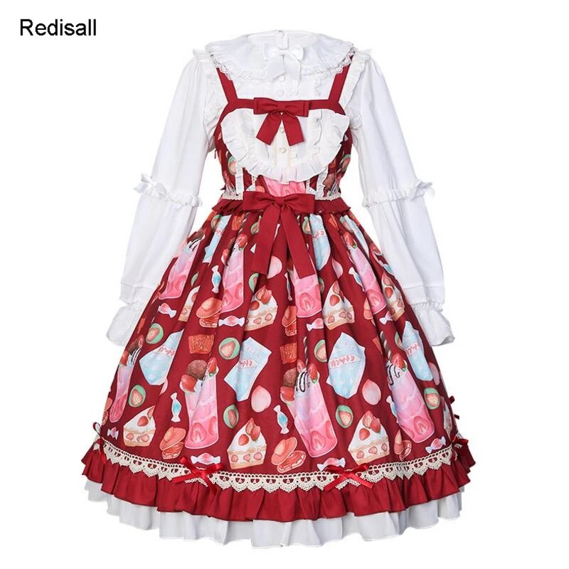 4 цвета, Teatime, платье в стиле Лолиты, милое платье с бантом, высокая талия, милое клубничное молоко, торты для девочек, кружевное женское платье, платье 8017 - Цвет: Red Long Set