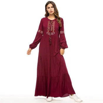 

Opslea Dashiki African Nationl Simple Embroidered Dress Long Sleeve Muslim Loose Robe Long Neck Round Skirt