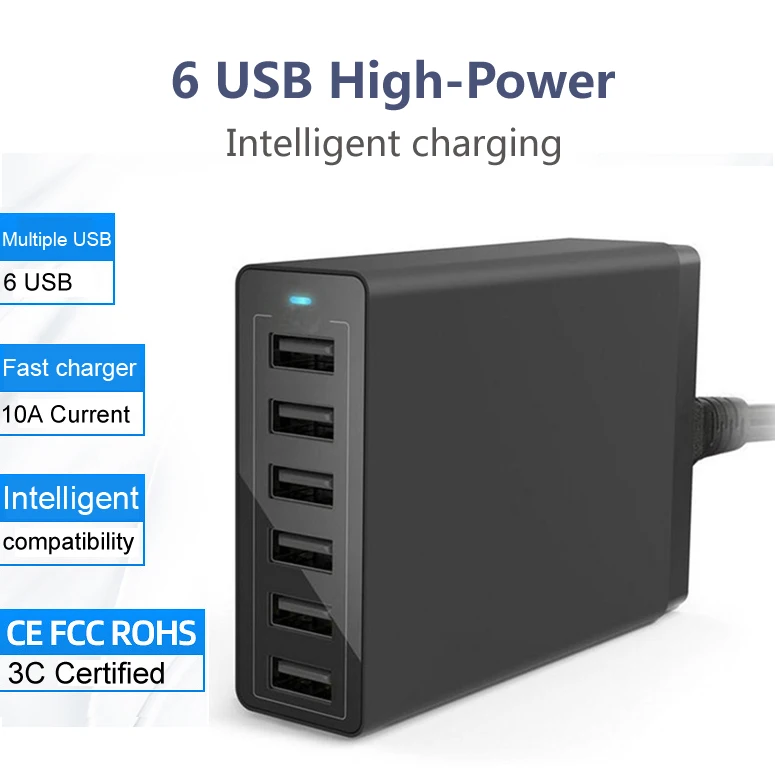 Многофункциональное зарядное устройство 50 Вт с 6 USB портами для iPhone 7 8 x xs умное