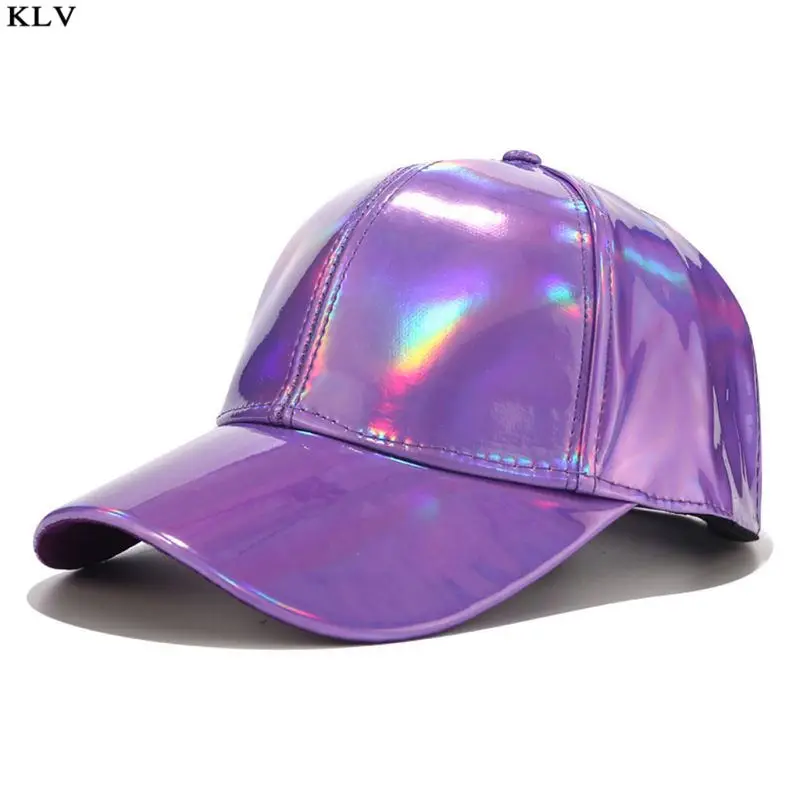 Purple Женская и мужская бейсбольная Кепка из искусственной кожи, блестящая металлическая голографическая Радужная Светоотражающая хип-хоп регулируемая бейсболка - Цвет: Purple