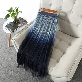 

Elegant Draped Blue Mesh Skirts Womens 2020 New Spring Summer High Waist Pleated Saia Midi