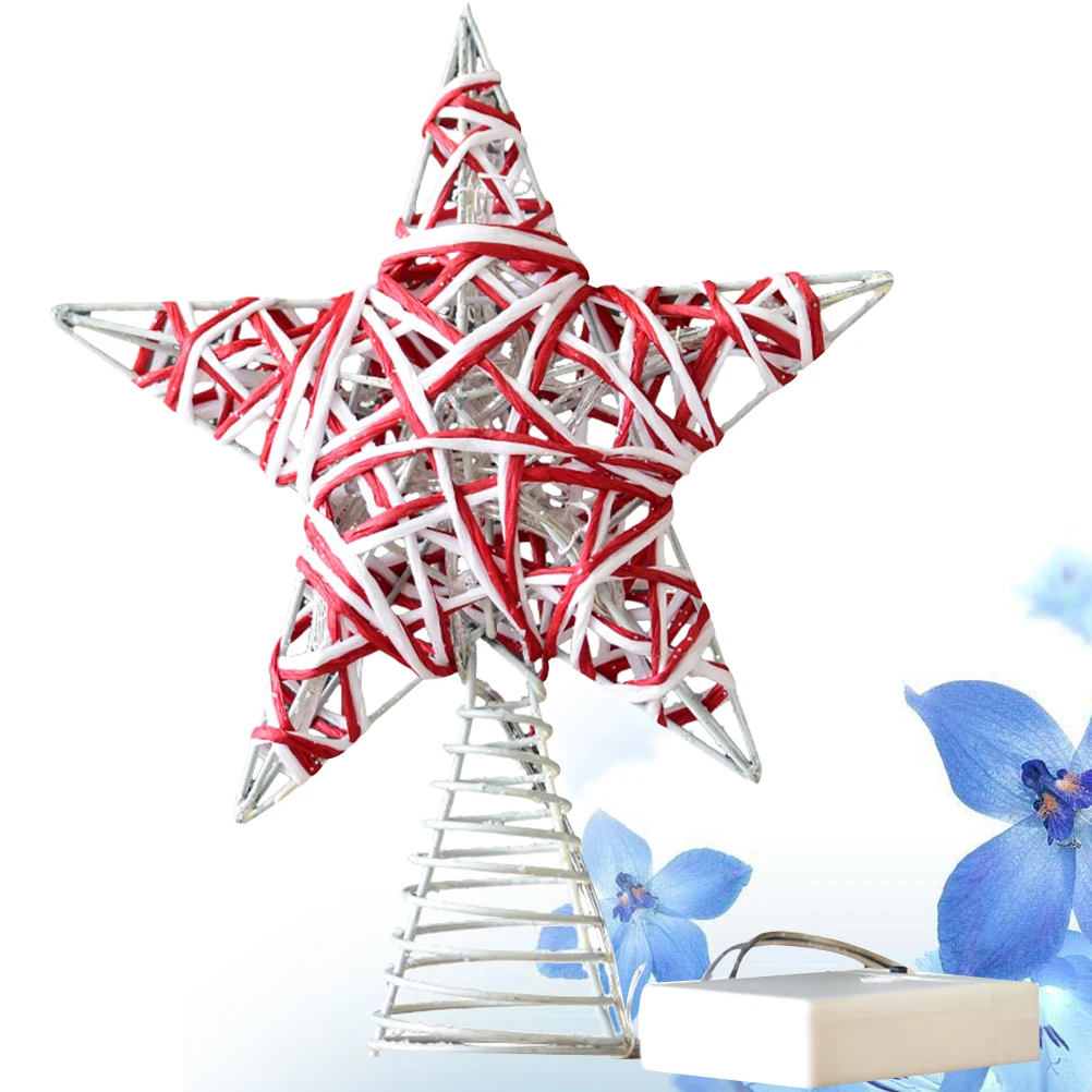 Small Tree Topper Star Luminous Treetop Pentagram Covered by Twine Shiny Christmas Tree Ornament for Home Party Warm White Light