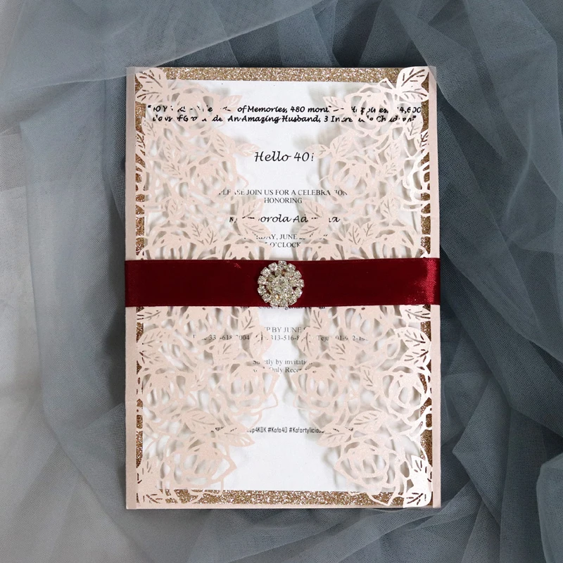 

(50 pieces/lot) Laser Cut Pink Wedding Invitation Card Glittery Shiny Diamond Birthday Invitations With Burgundy Ribbon IC125